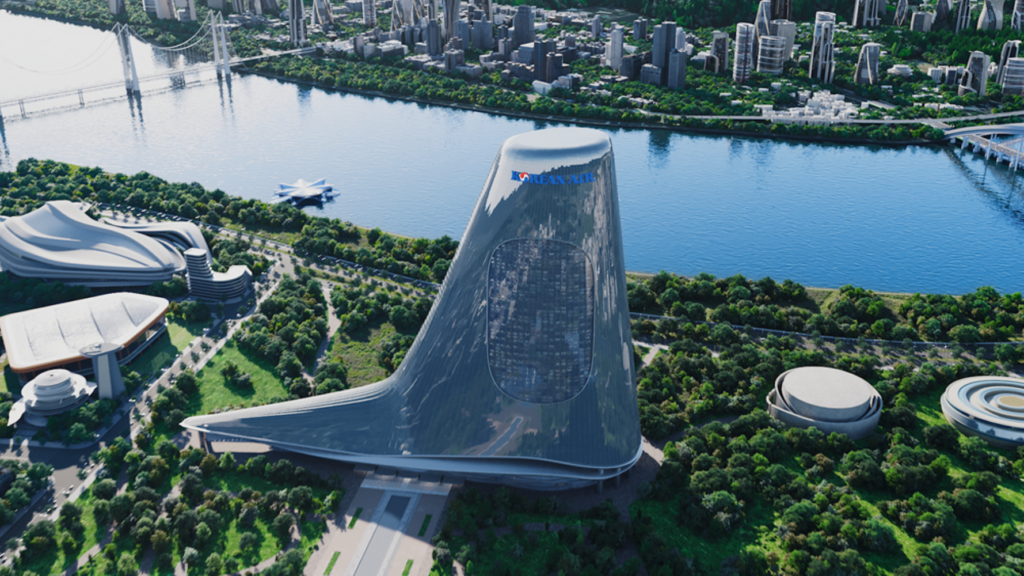 A large building shaped like the tail of an aircraft.