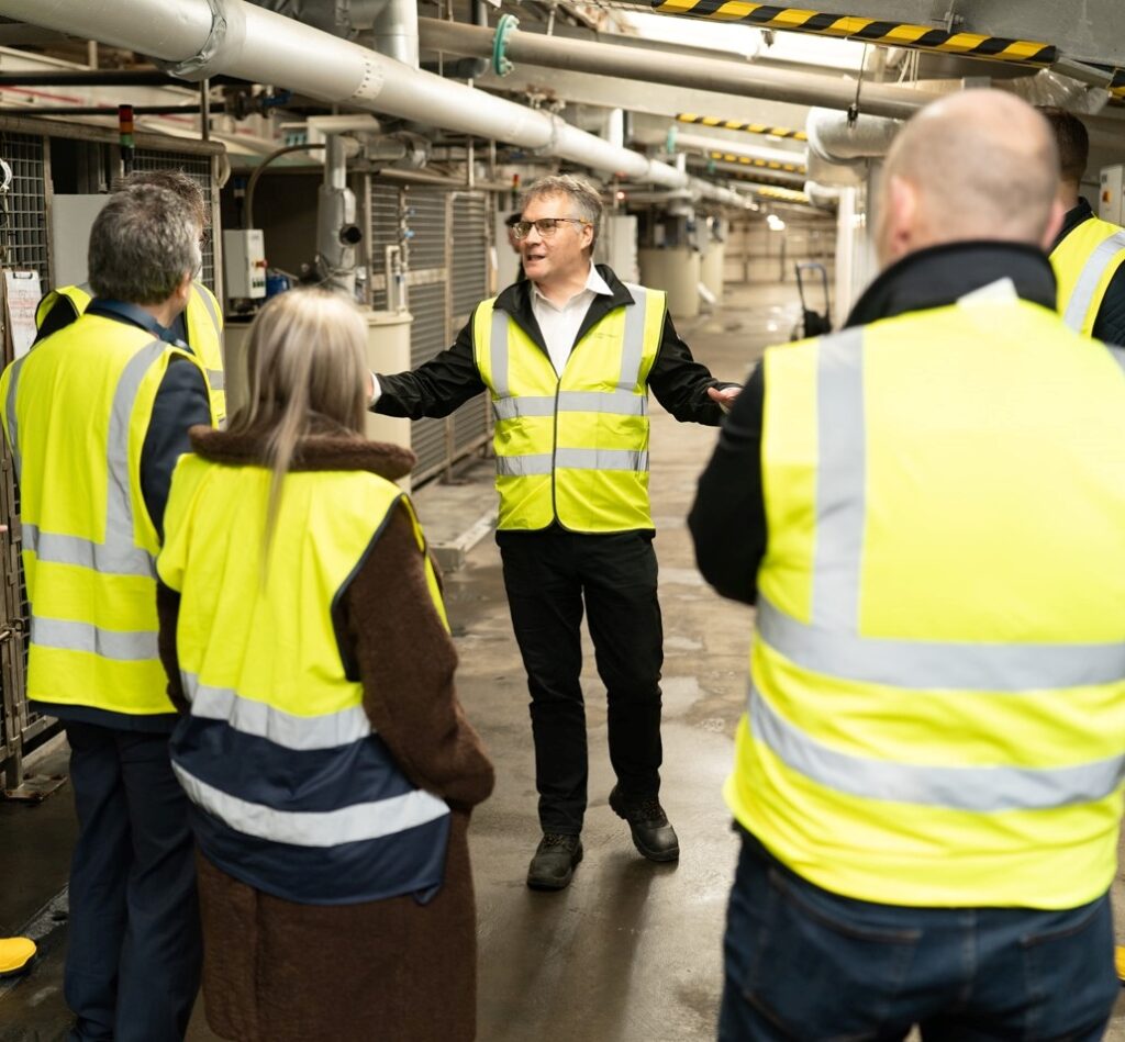 Mike Thompson, Product Development Manager, Scottish Leather Group talking to a group of people in the tannery.