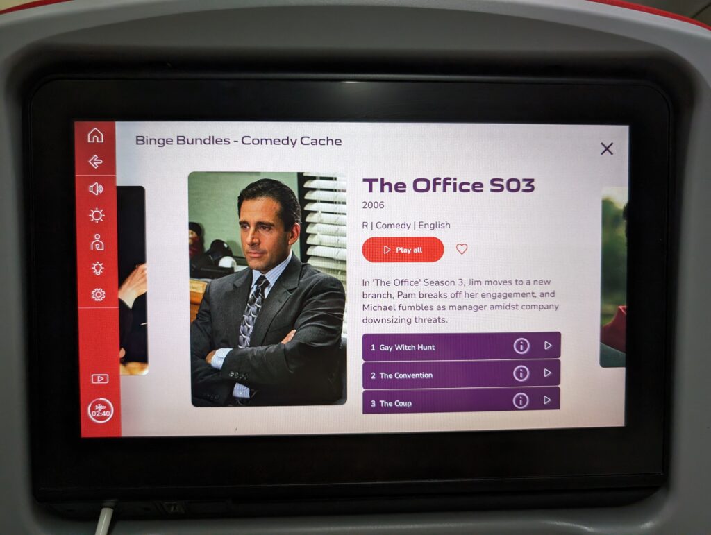 Season 3 of The Office television show is displayed on the IFE system.