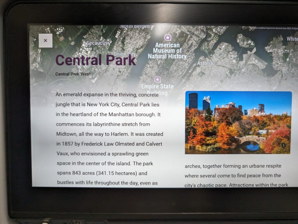 Information about Central Park in NYC is shown on the map in the IFE system.