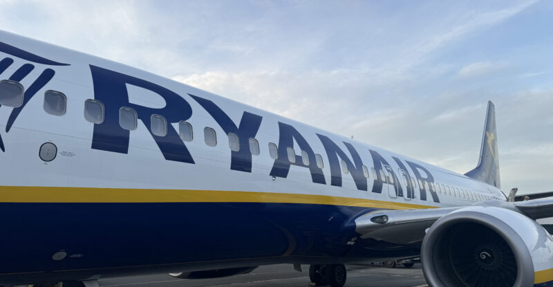 Ryanair 737-800 parked at the gate.