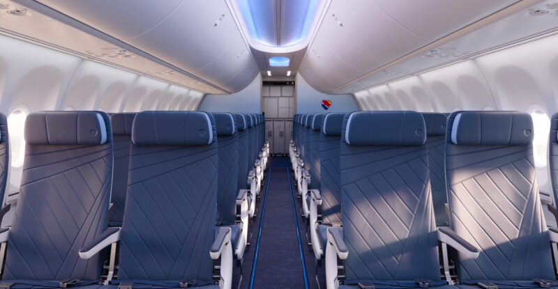 Front view of Southwest's new Tangerine-designed 737 MAX cabin with Recaro seats.