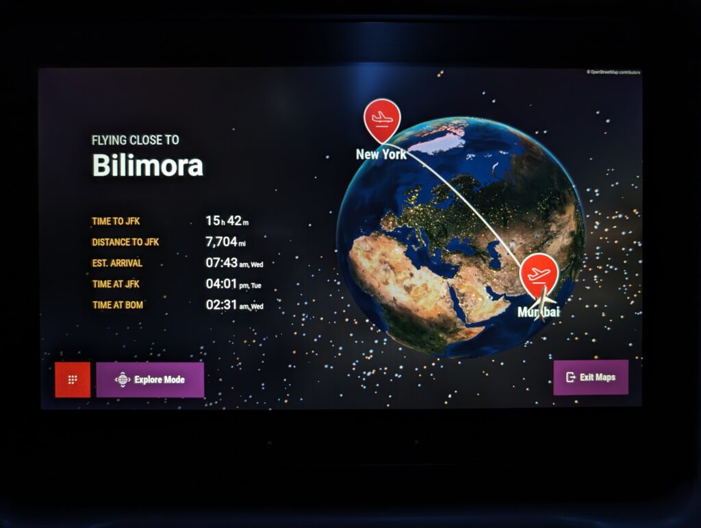 The Arc map features Air India's new red and purple colors. This screenshot shows that the aircraft is flying close to Bilimora.