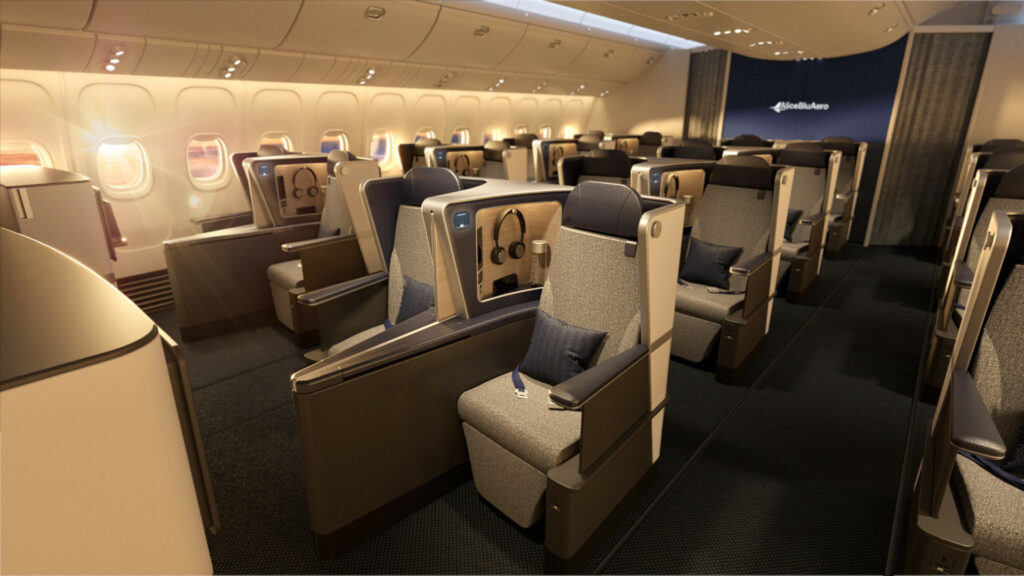 Gemini forward facing business class seat by AliceBluAero is seen in this rendering of a cabin interior with warm tones.