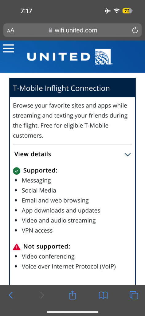 A screenshot of the T-Mobile inflight messaging and wifi offer. 