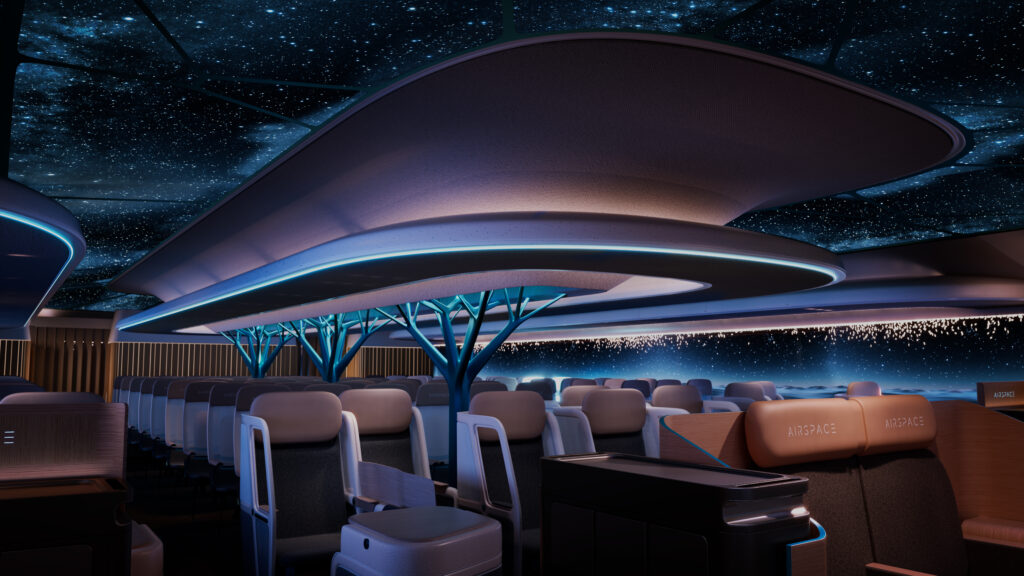 Airspace Cabin Vision 2035+ is a futuristic cabin concept. Installations such as tree like structures are reaching a starry ceiling in the aircraft. 