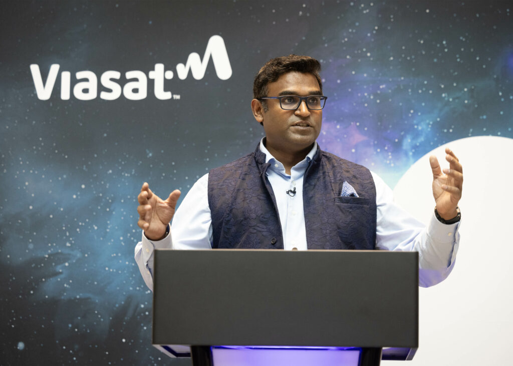 Guru Gowrappan, Viasat president, speaking at the 11 April event.