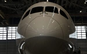 The nose of an ANA Boeing 787-10 in the hanger.