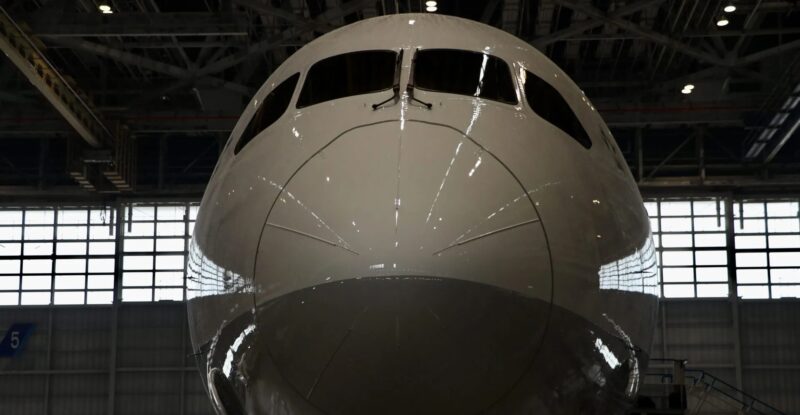 The nose of an ANA Boeing 787-10 in the hanger.