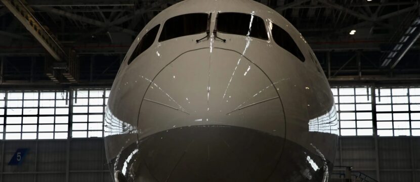 The nose of an ANA Boeing 787-10 in the hanger.