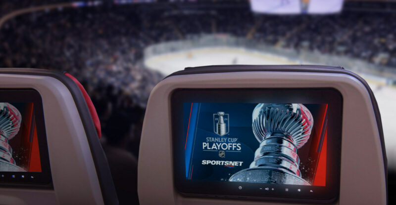 Stanley Cup Playoff advertisement is being displayed on the Air Canada in-seat IFE.