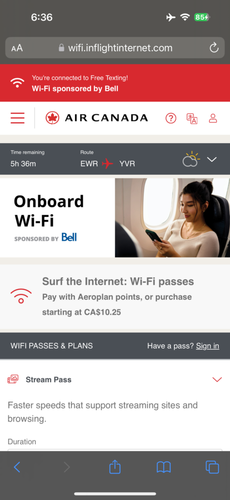 A screenshot of Air Canada's wifi offering. 