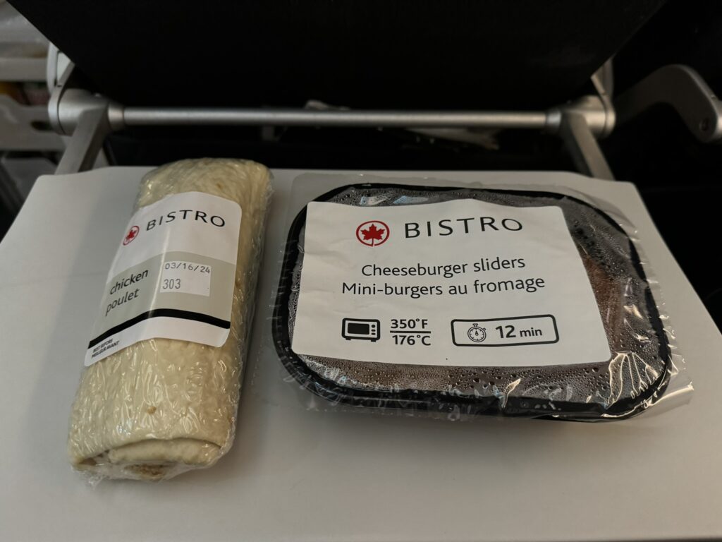 A wrap and burgers served on Air Canada's flight