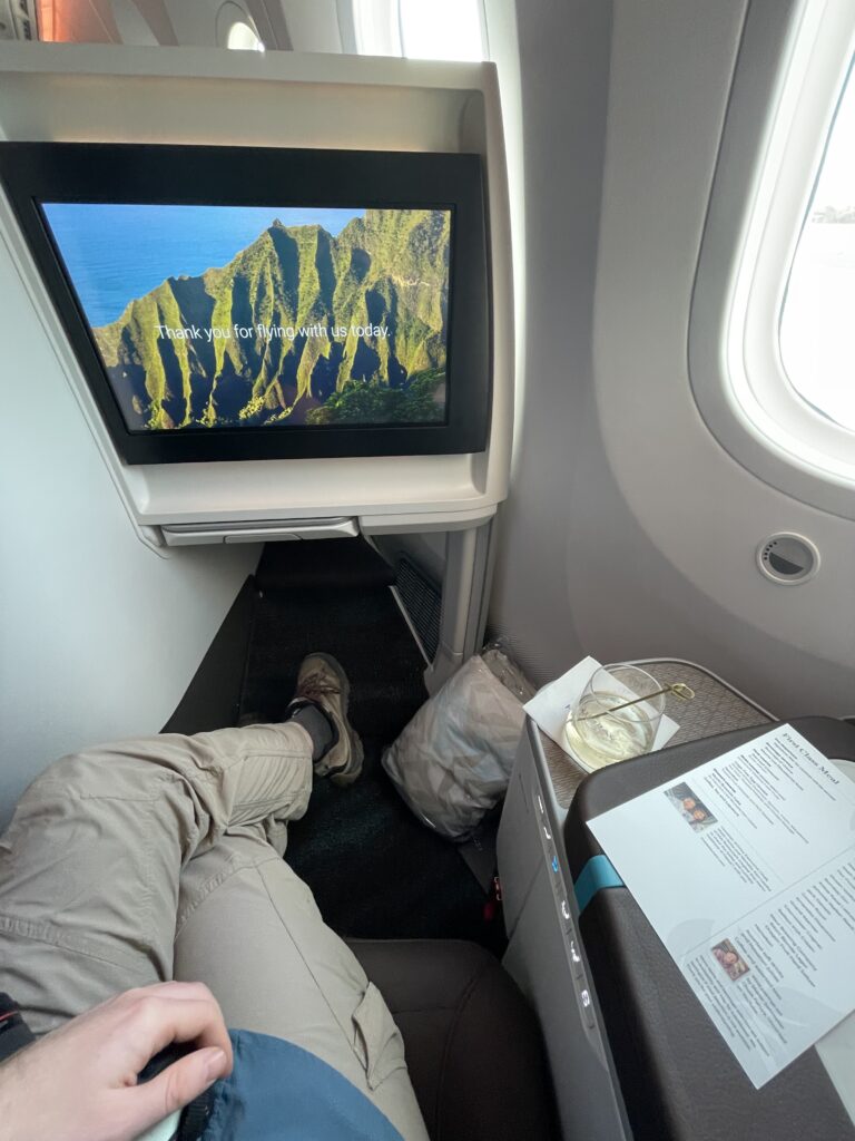 The business class IFE screen has a mountain scene on it. A passenger's feet can be seen in the footwell.