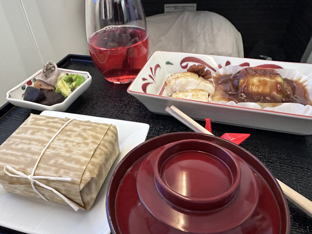 A traditional Japanese breakfast is served in-flight on the JAL 787