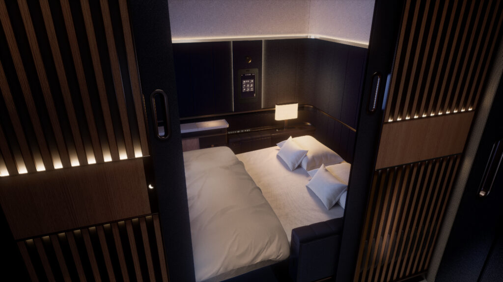The Lufthansa Allegris first class suite in bed mode with white linens.