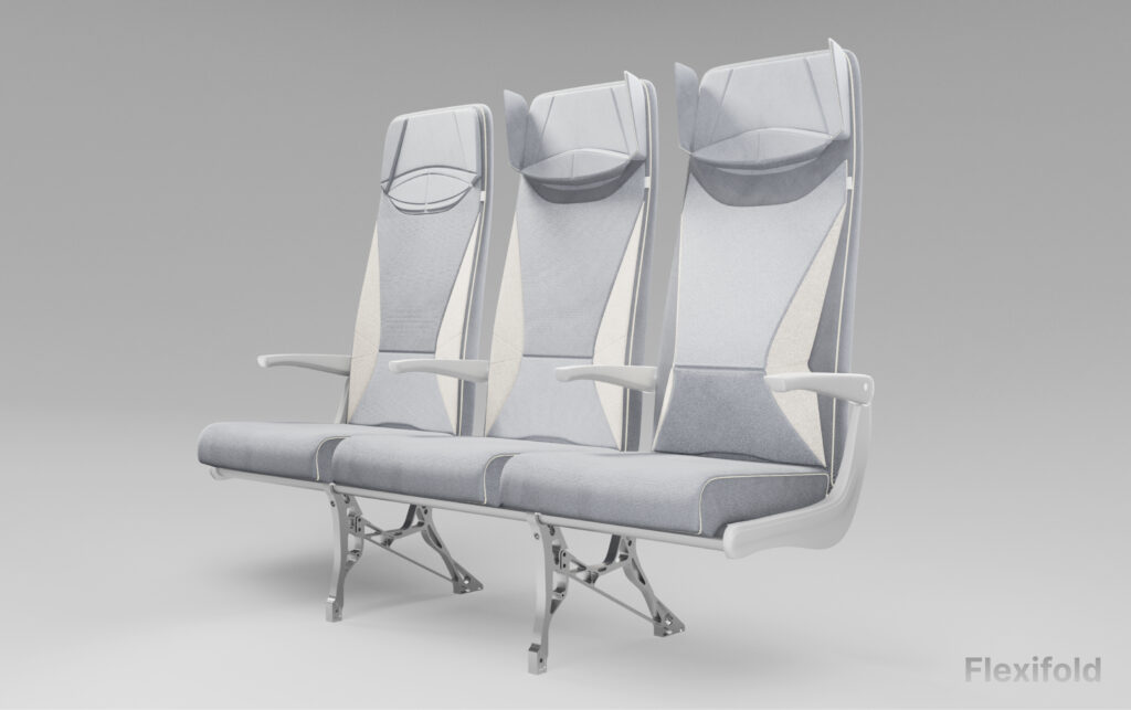 A rendering of Flexifold by Tongji University. A seat triple of slimlines in multiple greys.