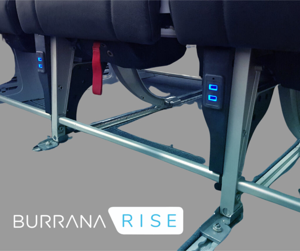 RISE Power by Burrana shows the lower part of the seats in an aircraft cabin where power would be installed. 