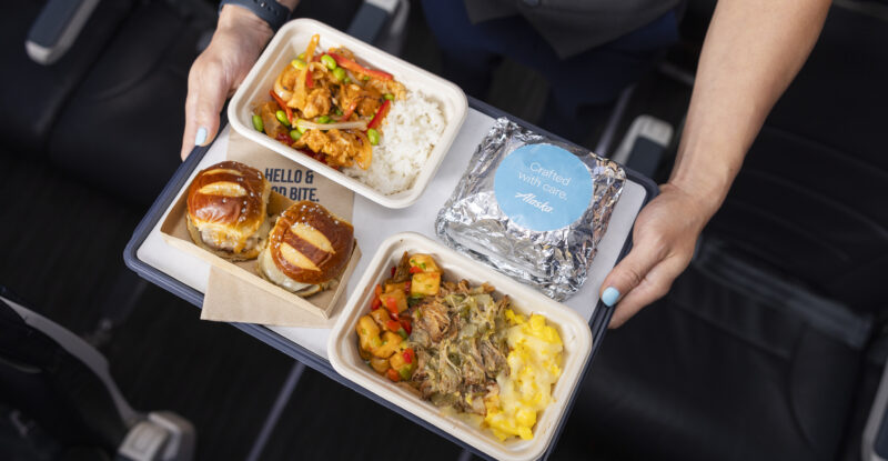 An assortment of hot meal options for Alaska Airlines