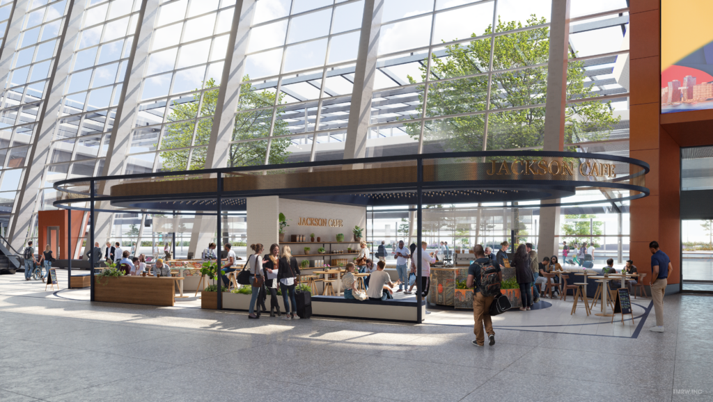 The New Terminal One at John F. Kennedy International Airport (JFK) arrivals area is full of natural light and views of greenery outside. 