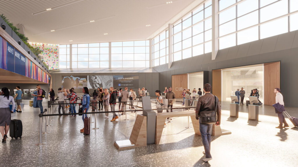 A rendering of the New Terminal One at John F. Kennedy International Airport check-in area with passengers milling about and lots of natural light flooding in.