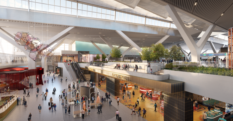 A rendering of a busy retail area in The New Terminal One at John F. Kennedy International Airport (JFK)