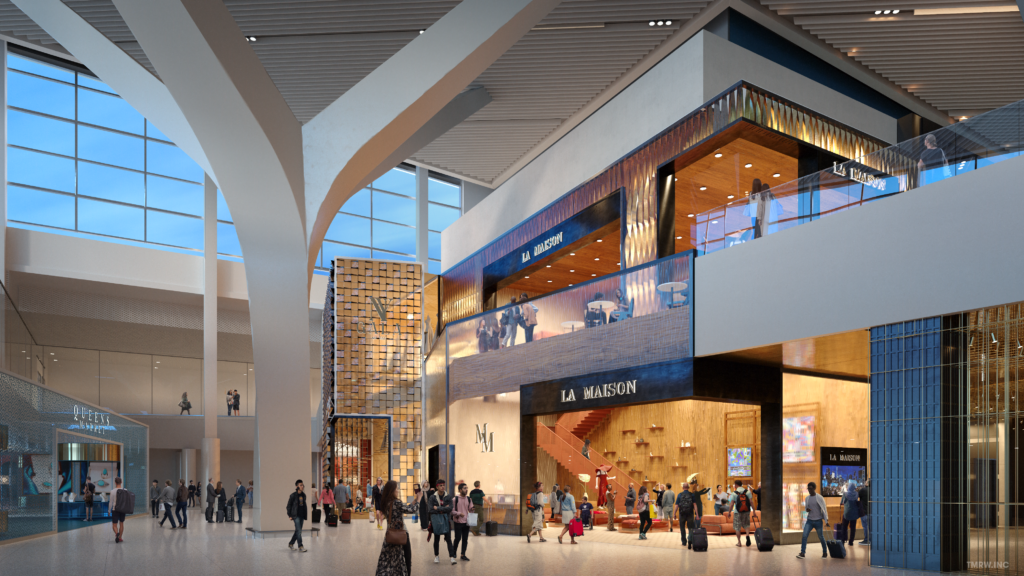 A rendering of a busy retail area in The New Terminal One at John F. Kennedy International Airport - JFK.