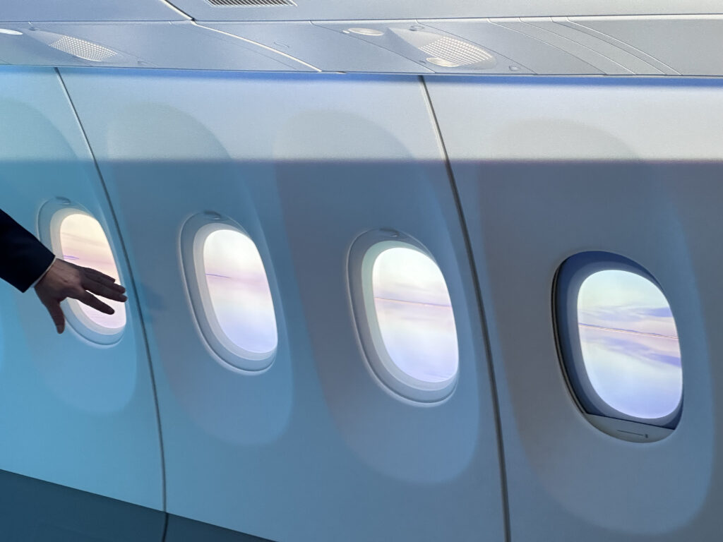 Close up of the window shrouding inside the A330neo mockup at AIX