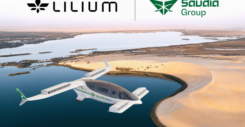 A rendering of a Lilium eVtol jet flying over a shoreline. Lilium and Saudia Group logos are at the top of the image.