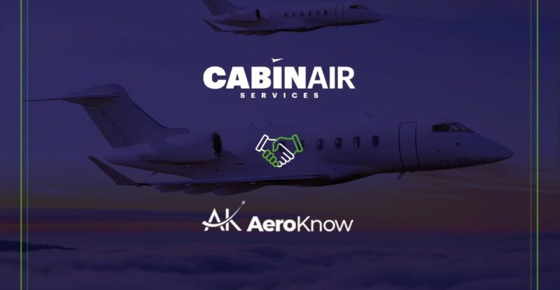 AeroKnow and Cabin Services logo on a blue background with shadows of aircraft in the background.