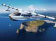 A rendering of the Solyu JEKTA PHA-ZE 100 amphibious aircraft flying over an island.