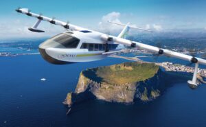 A rendering of the Solyu JEKTA PHA-ZE 100 amphibious aircraft flying over an island.