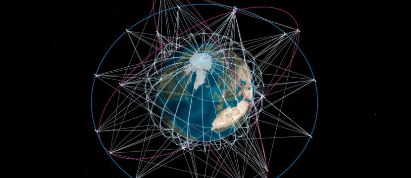 The earth as seen from space with various lines used as a conceptual image of IRIS2 by SpaceRISE consortium led SES