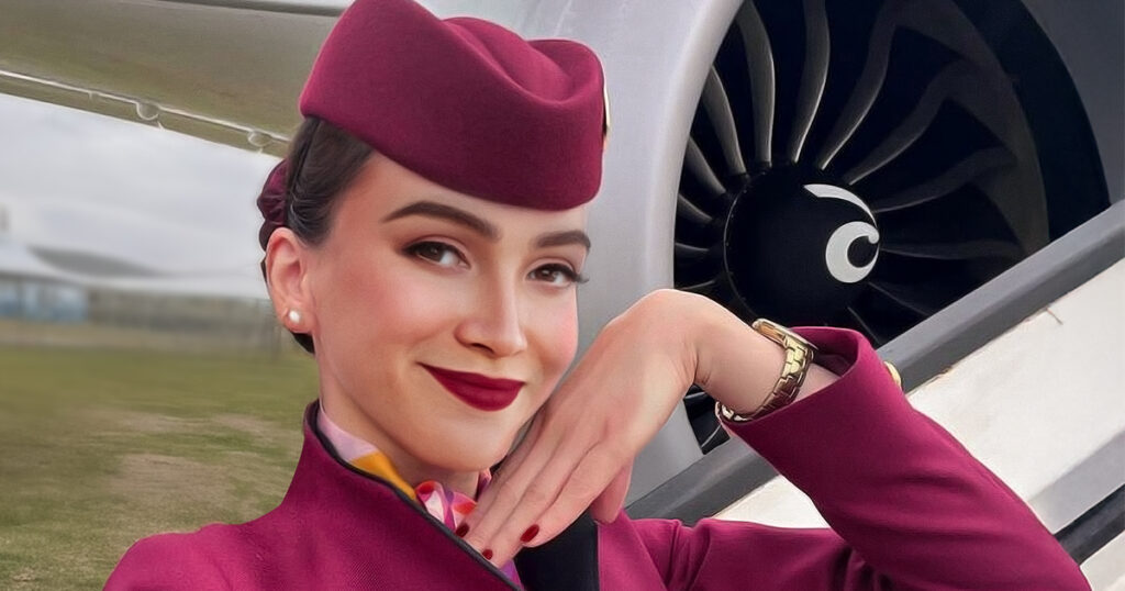 Digital image of Sama is in front of a digital image of a Qatar Airways aircraft engine.