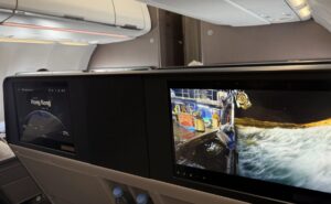 Large IFE screens are seen in the business class seats of a Cathay A321neo cabin. Anuvu is the CSP for Cathay, including for 4K content on this aircraft.