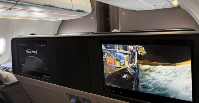 Large IFE screens are seen in the business class seats of a Cathay A321neo cabin. Anuvu is the CSP for Cathay, including for 4K content on this aircraft.