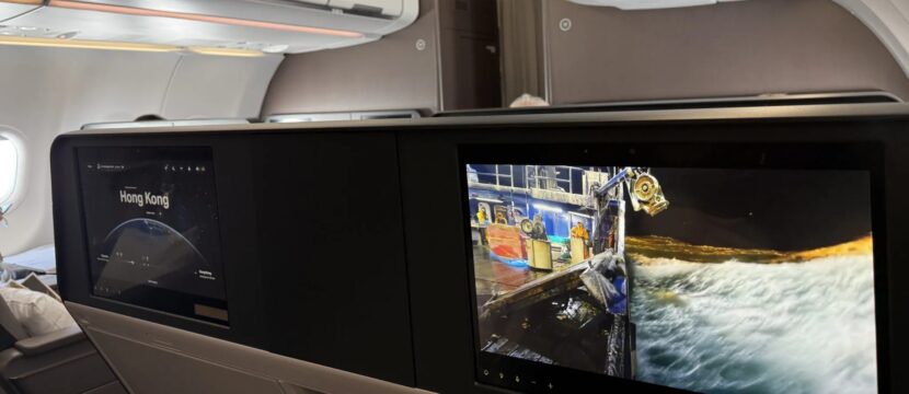 Large IFE screens are seen in the business class seats of a Cathay A321neo cabin. Anuvu is the CSP for Cathay, including for 4K content on this aircraft.