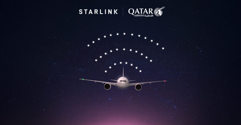 An aircraft is flying with the WIFI symbol over it. Both Starlink and Qatar logos are above it.
