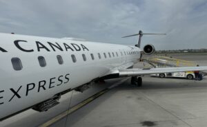 Air Canada Express CRJ900, which is fitted with the SES (formerly Intelsat) ESA-based multi-orbit IFC system, as supported by Gilat's Sidewinder hardware.
