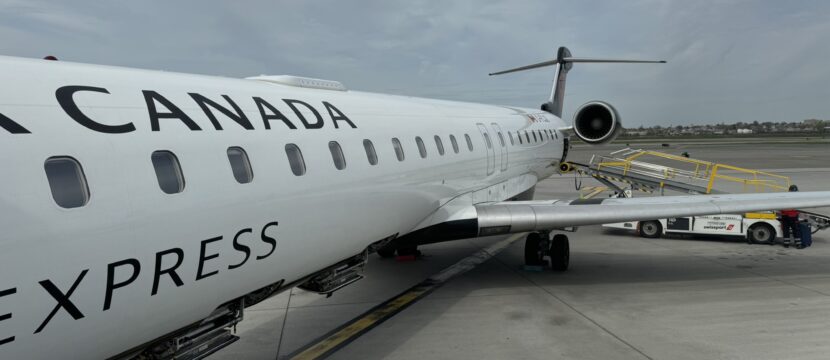 Air Canada Express CRJ900, which is fitted with the SES (formerly Intelsat) ESA-based multi-orbit IFC system, as supported by Gilat's Sidewinder hardware.