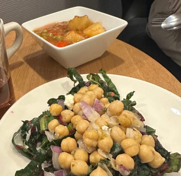 Close up of healthy salad and soup at the Lufthansa business class lounge at IAD