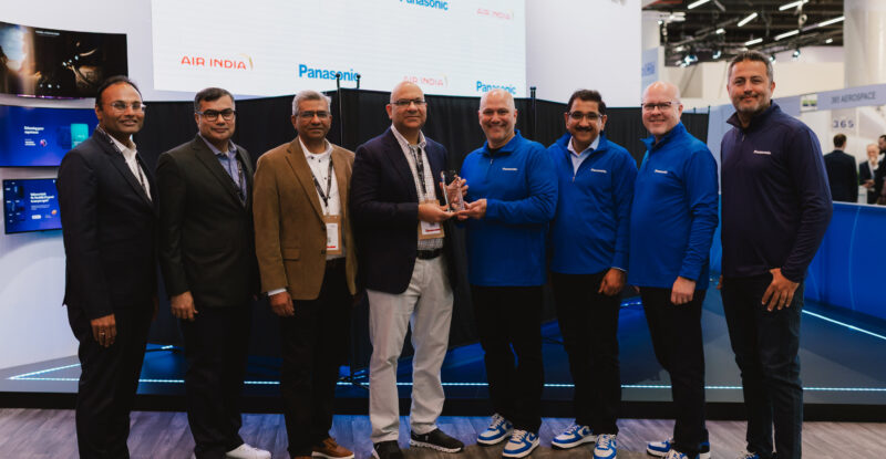From left to right: Ankur Sethin, Head of Commercial – Special Projects, Air India, Abhijit Menon, Air India, Aloke Menon, Managing Director, Air India Express, Nipun Aggarwal, Chief Commercial Officer, Air India, Hernan Abbes, Vice President of Global Sales, Panasonic Avionics, Satyen Yadav, Chief Technology Officer, Panasonic Avionics, Ken Sain, Chief Executive Officer, Panasonic Avionics, and Aziz Koseni, Regional Director of Sales, EMEA, Panasonic Avionics.