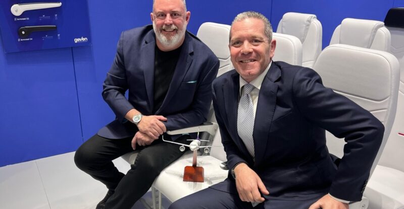 Steven Greenway, flyadeal Chief Executive Officer, (left) with Alberto Veneruso, Geven Managing Director, after the airline selected the Italian manufacturer's Essenza SE seat for its new narrowbody fleet. 