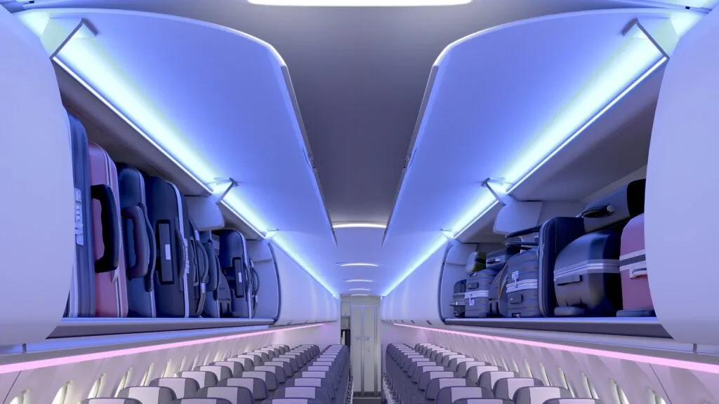 Large, flip up overhead bins are a key feature of the new Airspace cabin for Air Canada's new A220s. Diehl Aviation will build the bins at its new facility in Mexico.