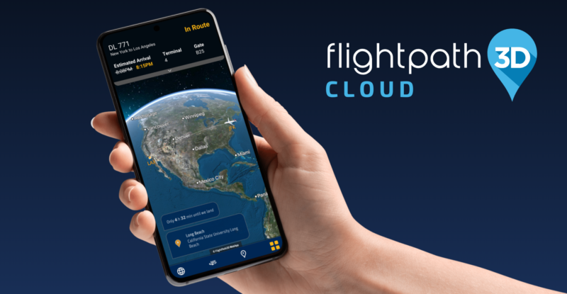 A hand is holding a mobile phone with the FlightPath3D map loaded on it.