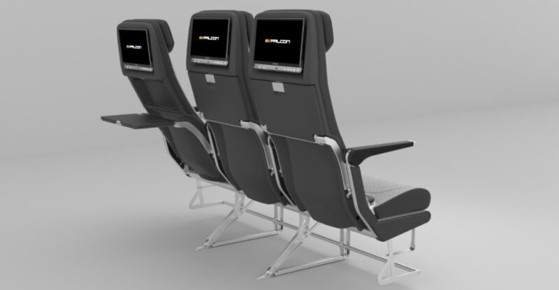Mirus Falcon long range economy class seat triple. The seat is all grey with embedded IFE sitting on a light grey background.