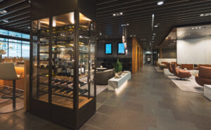 Wide view of the Lufthansa First Class Lounge in Terminal 2 at Munich Airport.