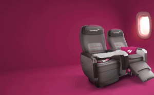 Eurowings premium biz recliners on a burgundy background