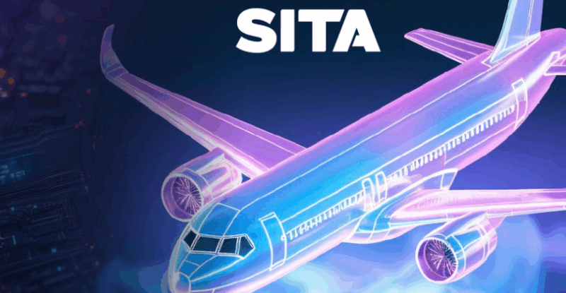 A computer generated aircraft in blue and puple with a circuit board behind it and the word SITA above it. SITA is collaborating with Innova
