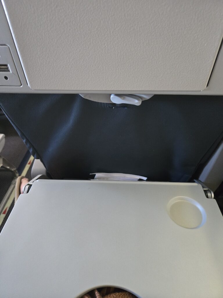 The tray table is fully extended and ready for use